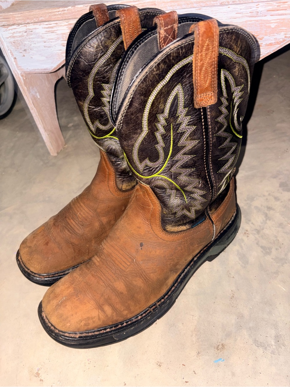 Ariat Brown Leather Western Work Boots with Dark Shaft and Green Stitch
